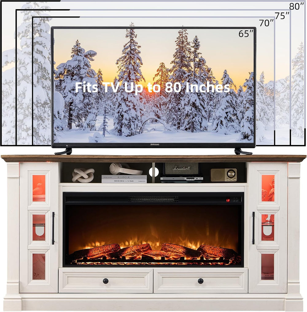 OKD 70" Farmhouse TV Stand with 42" Electric Fireplace, Antique Whi...