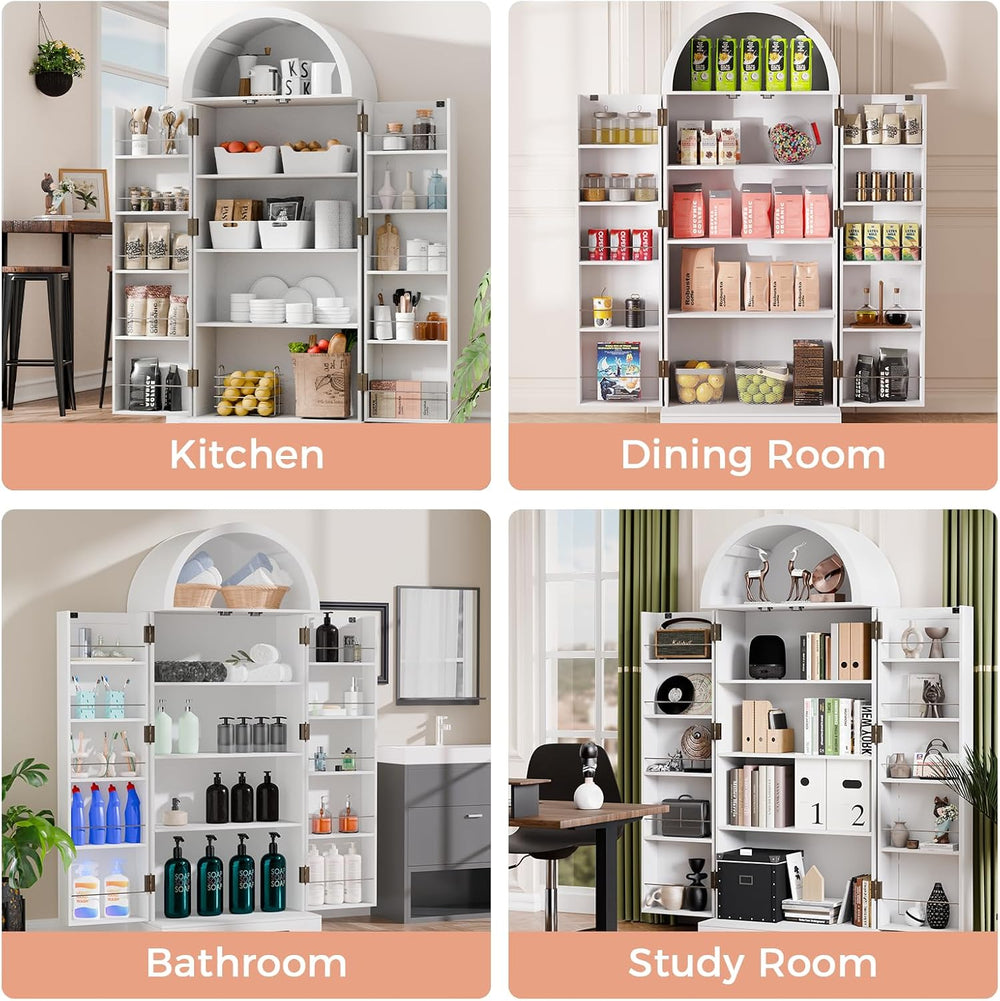 65" H Arched Kitchen Pantry, Modern Cupboard Storage Cabinet with 10 Sid...