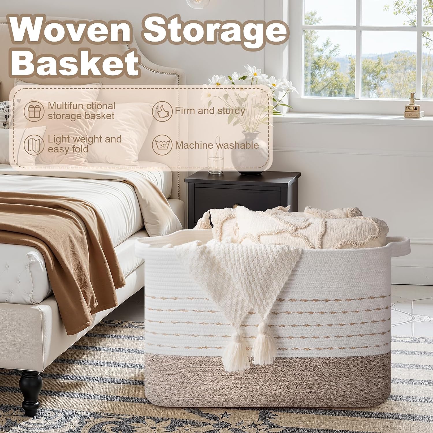 OIAHOMY 108L Extra Large Blanket Basket, 25”x16”x16” Rectangle Woven Cotton Rope Baskets for Living Room, Toy Storage with Handle- Gradient Light Brown