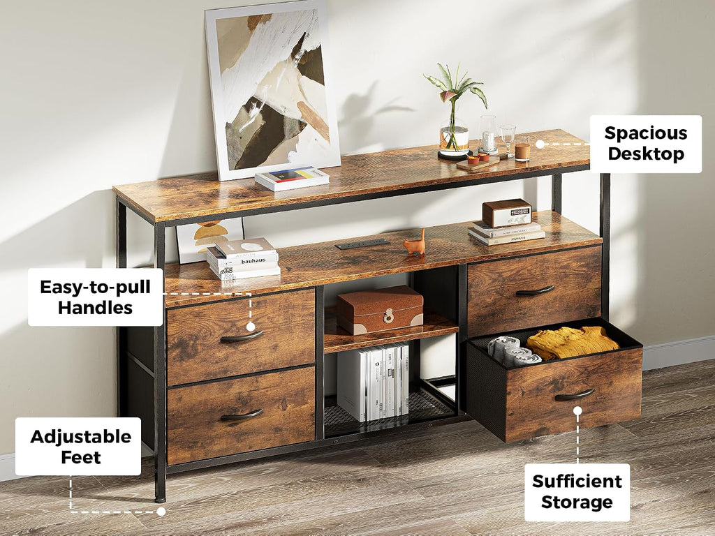 Huuger 47 Inch TV Stand Dresser with Power Outlets and LED Lights, Fabric Dresser for Bedroom, 4 Drawers Entertainment Center with Open Shelf, Media Console for 55 50 Inch TV, Rustic Brown