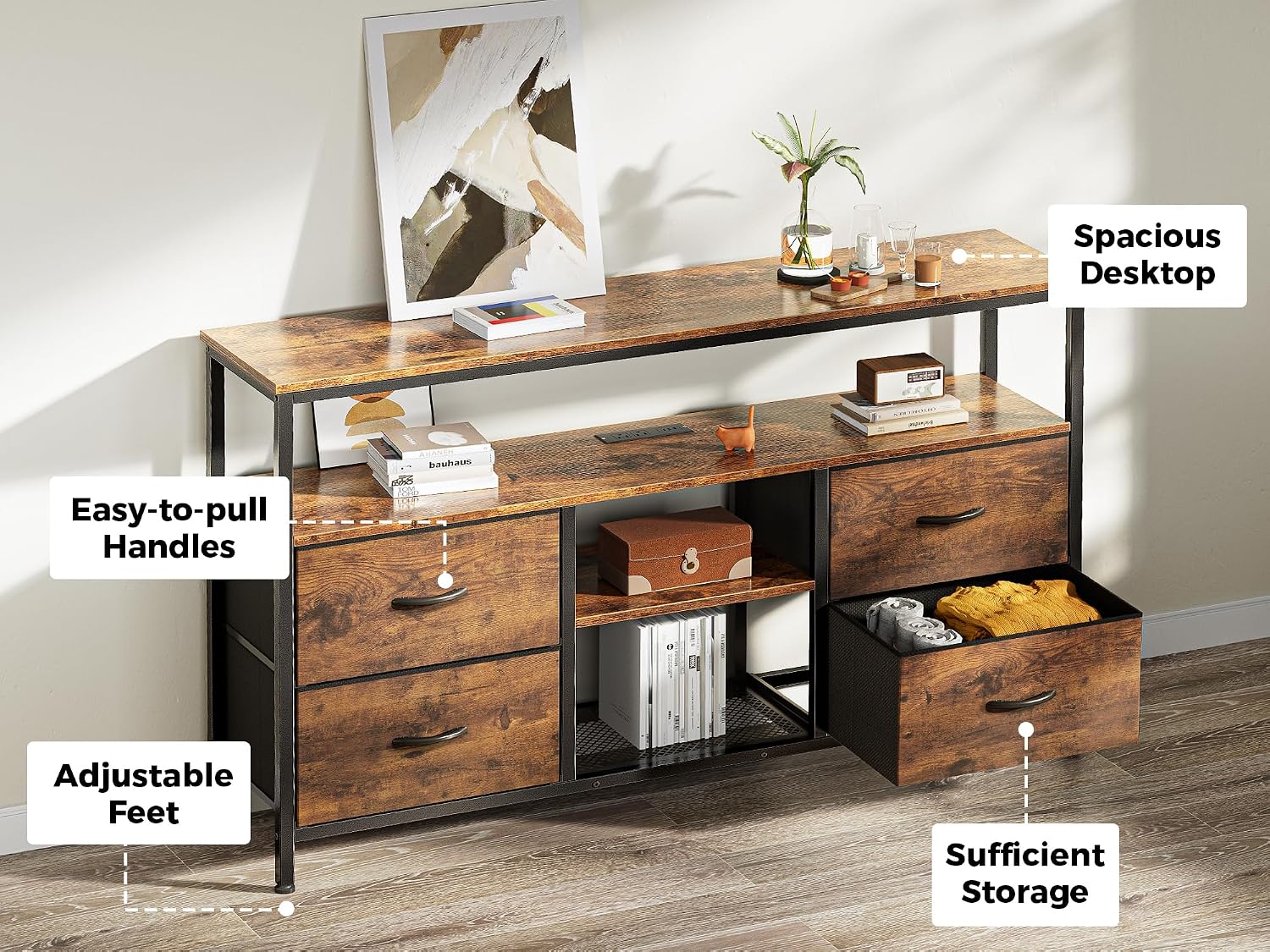 Huuger 47 Inch TV Stand Dresser with Power Outlets and LED Lights, Fabric Dresser for Bedroom, 4 Drawers Entertainment Center with Open Shelf, Media Console for 55 50 Inch TV, Rustic Brown