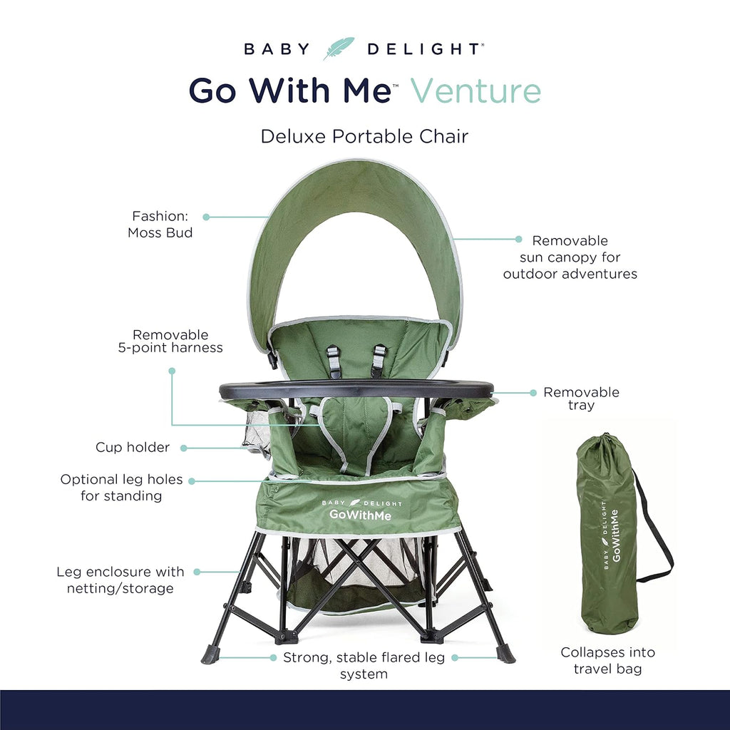 Baby Delight Go with Me Venture Portable Chair Bundle with Sun Canopy | for Indoor & Outdoor Use | 3 Growth Stages | Teal & Moss Bud Green