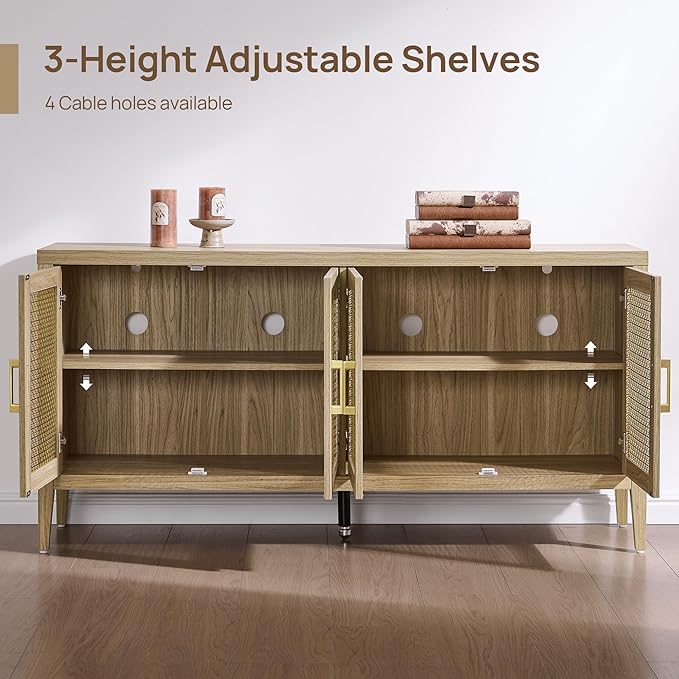 SICOTAS TV Stands for Living Room Bedroom - Farmhouse Entertainment Center TV Console with 4 Doors Cabinet, 59" Television Stands Media Console Credenza for 45 50 55 60 65 Inch TVs, Light Walnut