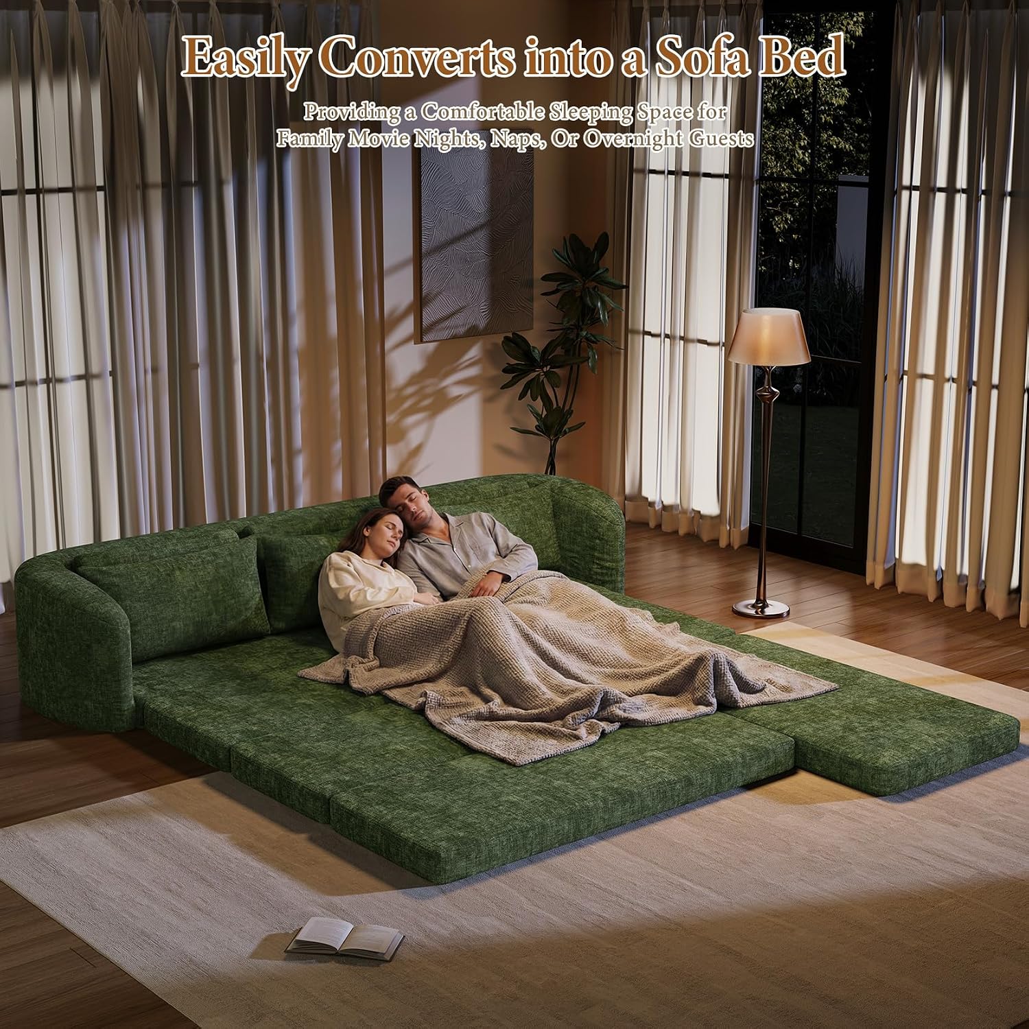 Vesgantti 6 in 1 Convertible Folding Sofa Bed, Futon Sectional Couch, Green | 110.2" L Shaped Modular Sleeper Sofa, Curved Armrest, Deep Seat Boneless Couches for Living Room, Chenille, Right Facing
