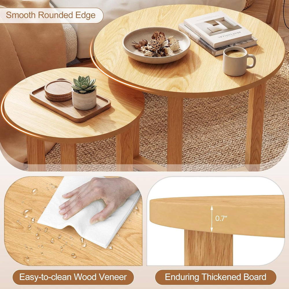 Giantex Round Nesting Coffee Table Set of 2, Wood Nesting End Tables with Thi...