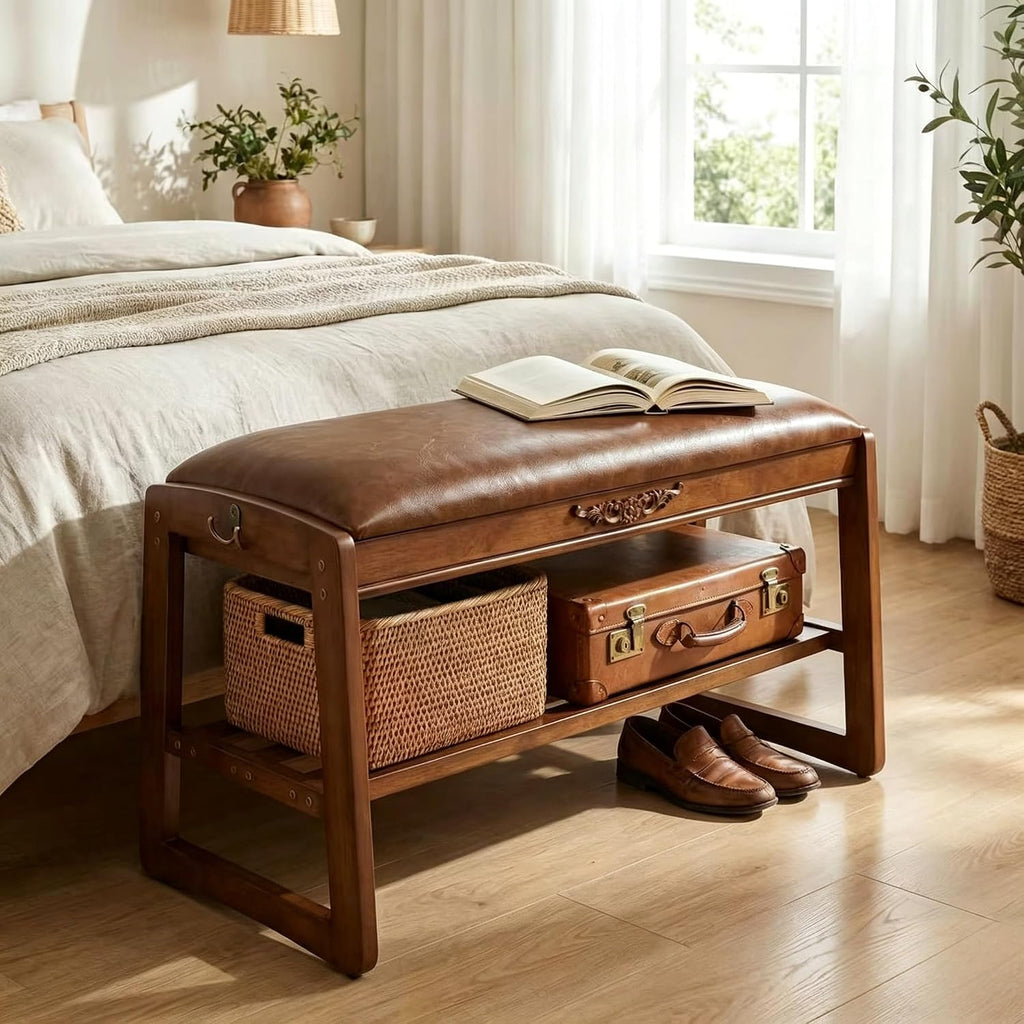 Shoe Storage Bench Shoe Rack Bench with Storage 2 Tier Wooden Shoe Rack | Solid wood shoe bench flip-top storage cushioned seat weight capacity of 550 lb side hooks walnut finish 39.4" W