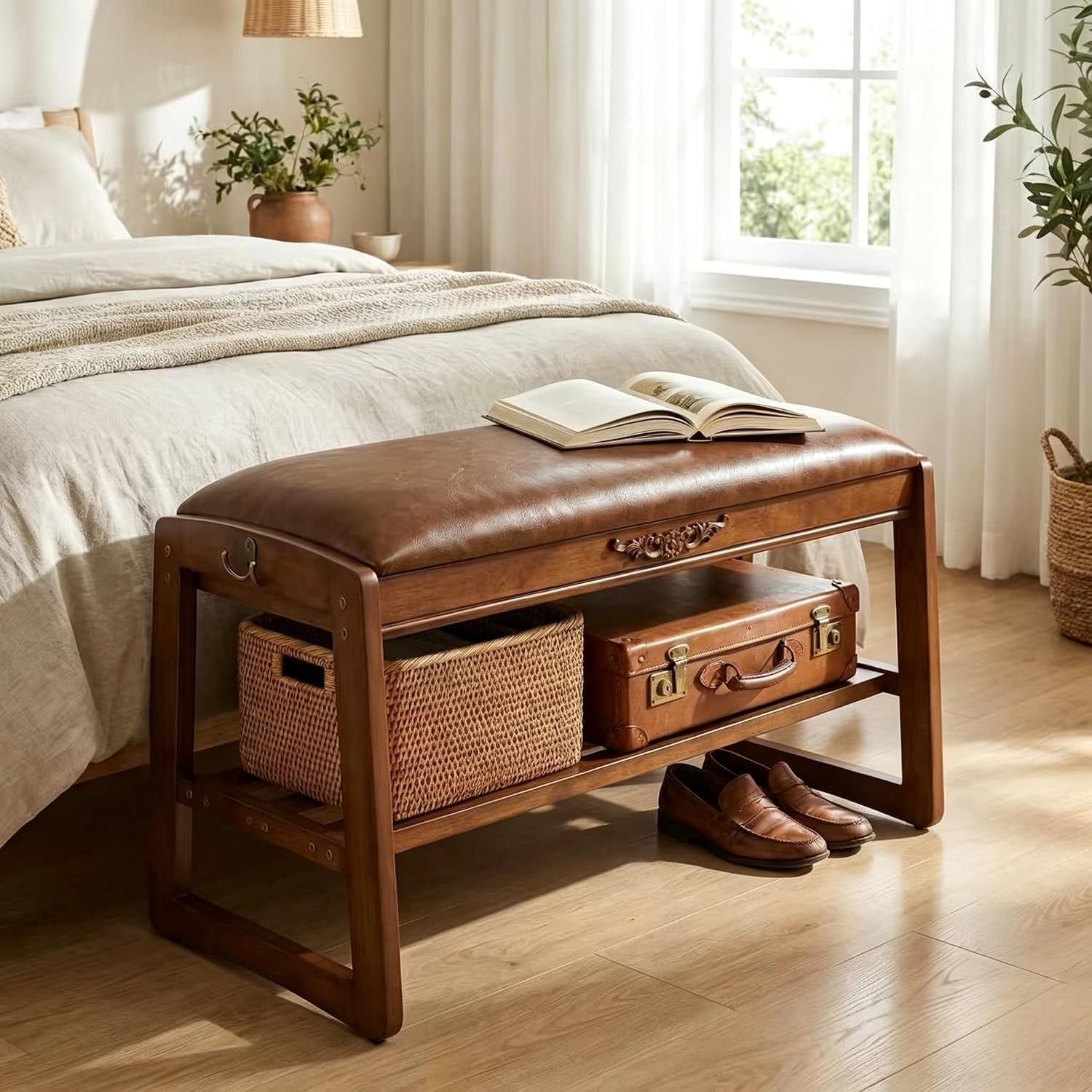 Shoe Storage Bench Shoe Rack Bench with Storage 2 Tier Wooden Shoe Rack | Solid wood shoe bench flip-top storage cushioned seat weight capacity of 550 lb side hooks walnut finish 39.4" W