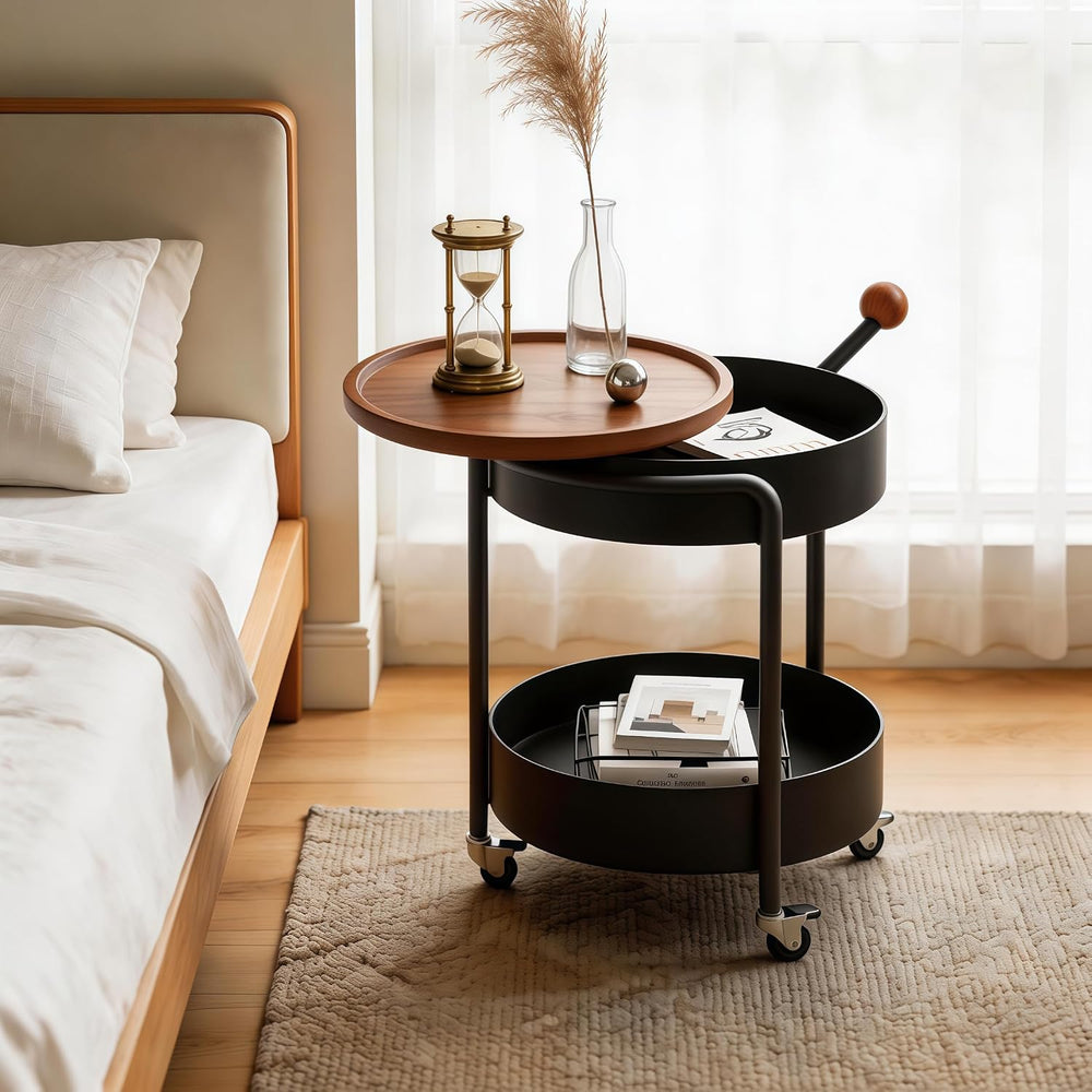 Mid-Century Modern Round Side Table, 2-Tier Mobile Sofa End Table with Rotata...