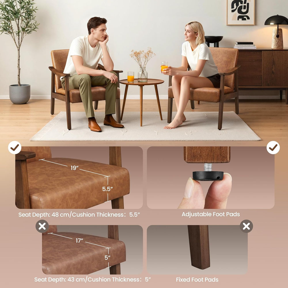 Yaheetech Accent Chairs Set of 2, Mid-Century Faux Leather Armchairs Brown | ...