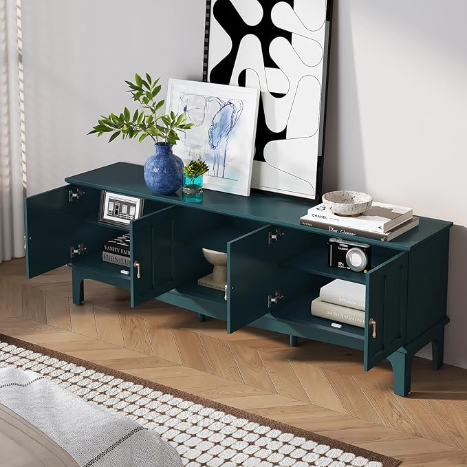 ARTPOWER 67“ Vintage TV Stand for TVs up to 75”, Modern Entertainment Center with Door Cabinets and Open Shelves,TV Console with Storage,Green Media Cabinet for Living Room,Bedroom