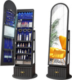 63" Full Length Mirror Jewelry Cabinet with Storage – Rotating, Lockable Jewelry Armoire with Velvet Lining, Standing Organizer for Women – Ideal Gift for Jewelry Storage & Display, Black