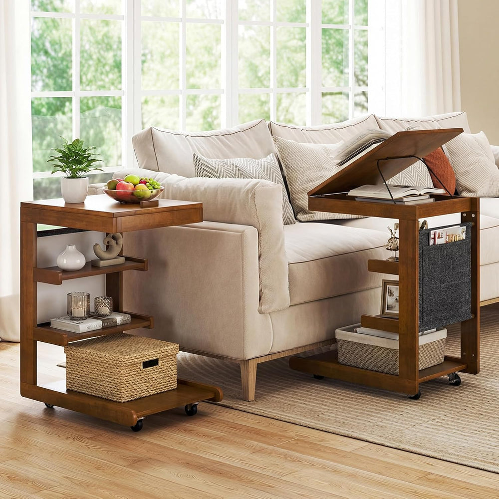 Giantex C-Shaped End Table with Wheels, Wooden Rolling Side Table w/Adjustabl...