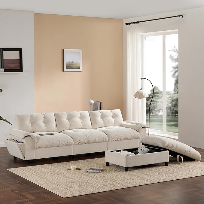 Ball & Cast Modular L Shaped Sectional Sofa with Movable Storage Ottoman and Dual-Port Charging,4 Seater Comfy Cloud Couch W/Side Storage Pockets & Cup Holder,for Living Room,Apartment,Beige,104"