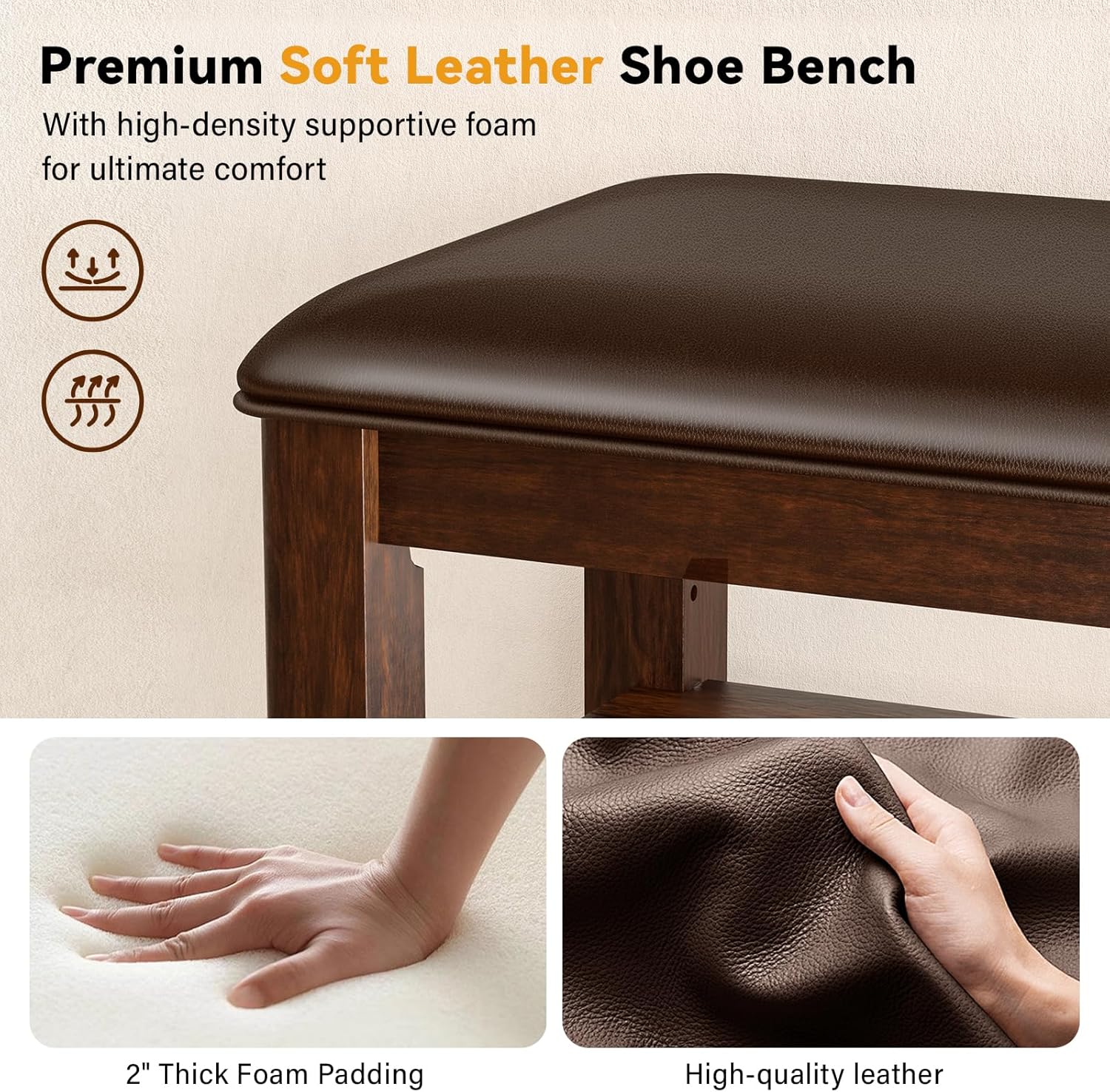 Entryway Shoe Storage Bench with Leather Cushion, Shoe Organizer Bench for Entryway, Ideal for Hallways Front Doors Entrances Mudrooms Featuring Rubberwood And 3 Height-Adjustable and Removable Shelve