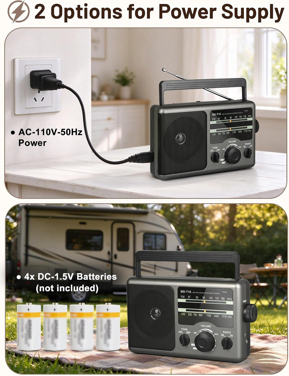 AM FM Portable Radio Battery Operated by 4X D Cell Batteries Or AC Power