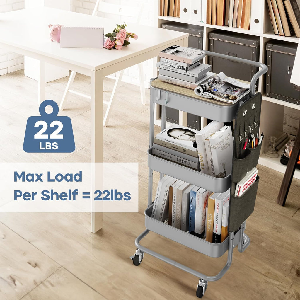DTK 3 Tier Metal Utility Rolling Cart with Table Top and Side Bags, Tray Storage Organizer Wheels, Art Craft 4 Hooks for Kitchen Bathroom Office Living Room(Grey)