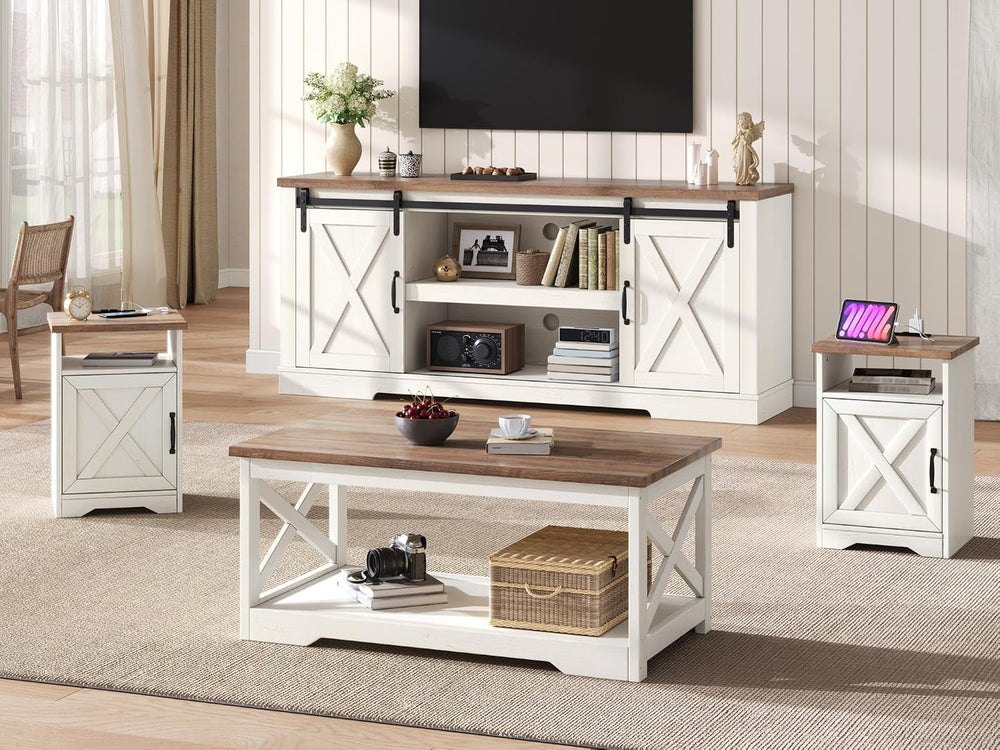 AMERLIFE 4 Piece Farmhouse Table Set with 66" TV Stand, Distressed White...