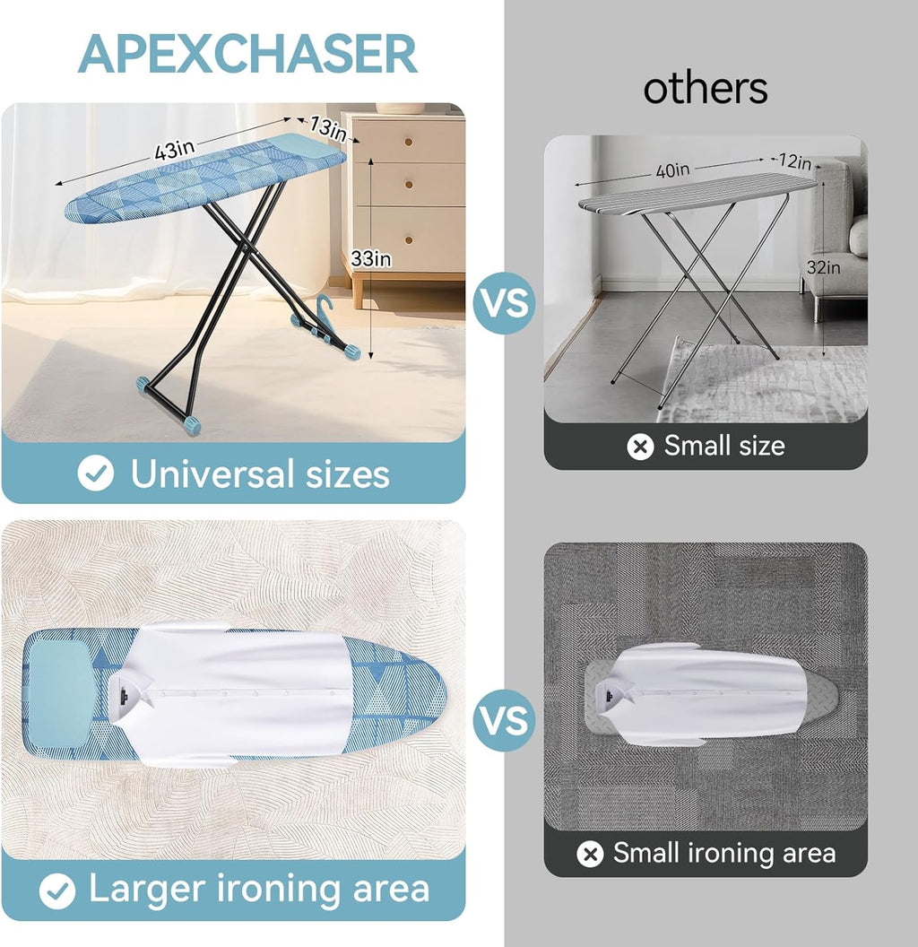 APEXCHASER Ironing Board with Iron Rest, Compact and Space Saver Iron Board, Extra Thick Cover, Height Adjustable, Wall Mount & Closet Hanger 13x43 Blue
