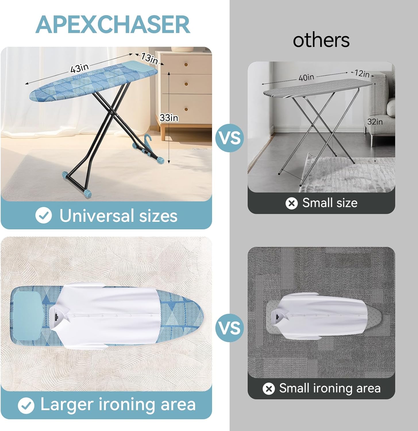 APEXCHASER Ironing Board with Iron Rest, Compact and Space Saver Iron Board, Extra Thick Cover, Height Adjustable, Wall Mount & Closet Hanger 13x43 Blue