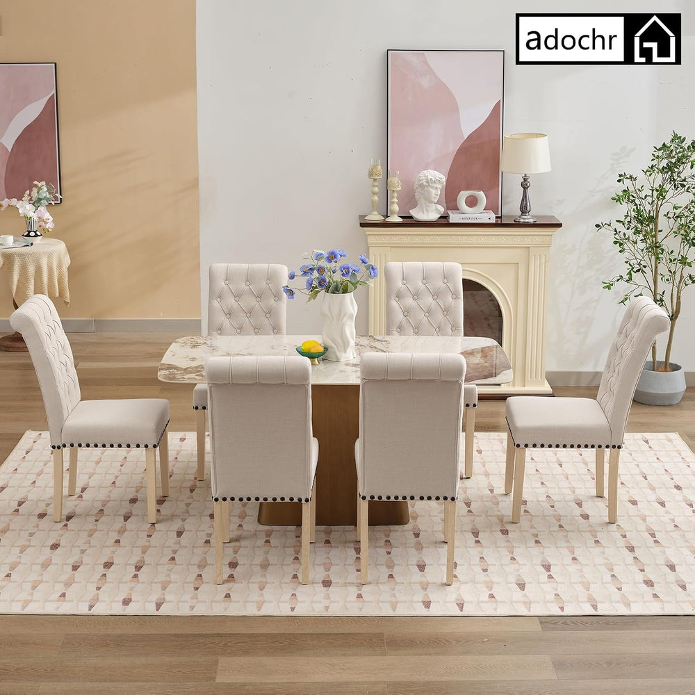 adochr Dining Chairs Set of 2, Linen Armless Parsons Chairs,Beige | Wooden Le...