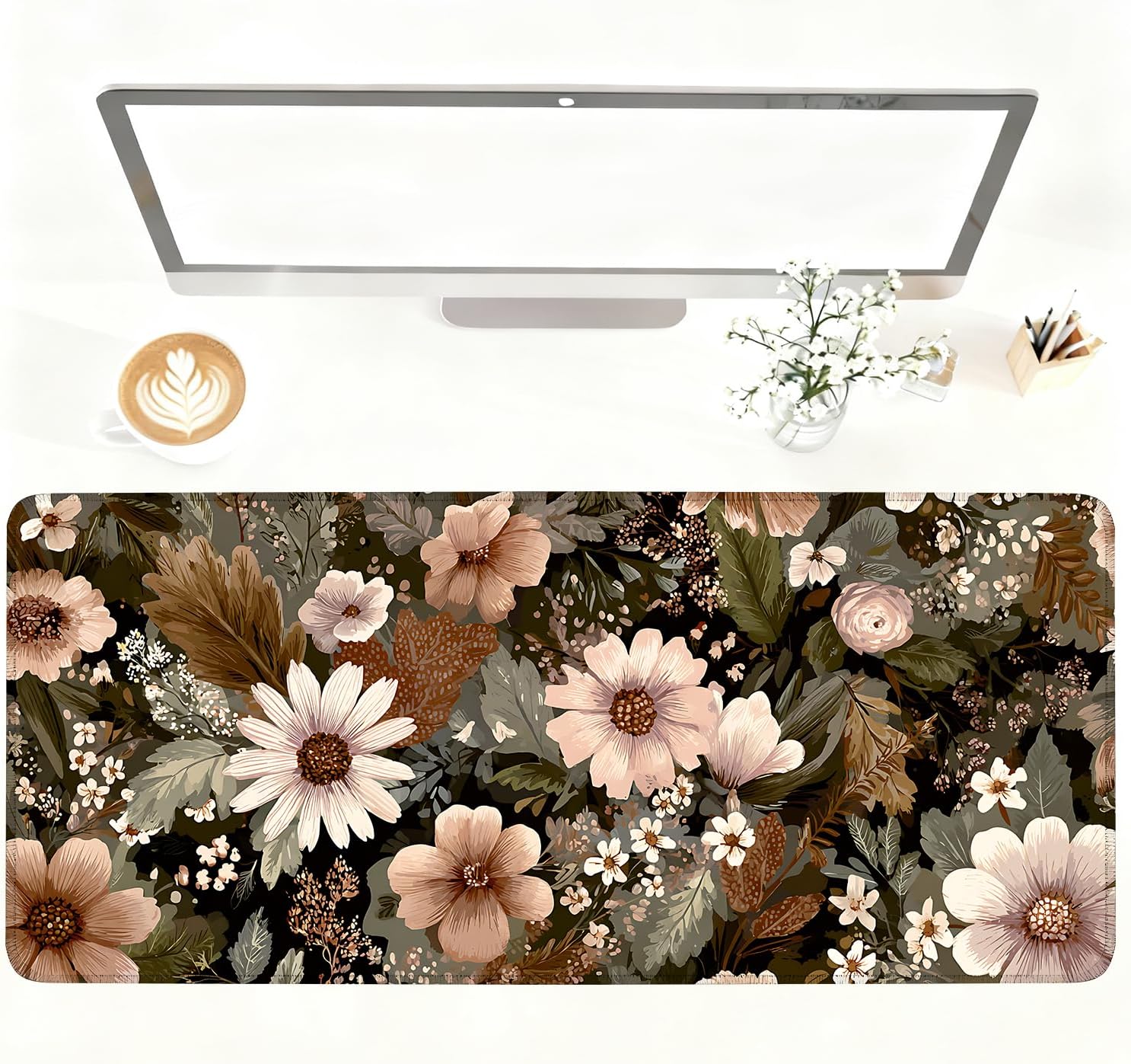 Vintage Beige Floral Mouse Pad – Large Extended Desk Mat 35.43 x 15.75 in – Neutral Retro Botanical Design, Non-Slip Rubber Base, Waterproof Surface, Oversized Keyboard & Mouse Pad for Office or Home