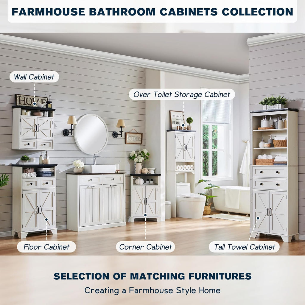 ACCOHOHO Bathroom Floor Cabinet, Farmhouse Storage Cabinet, 24" Wide Cabinet with Drawer, Adjustable Shelf, Barn Doors, Cabinets for Bathroom, Kitchen, Living Room, Off White