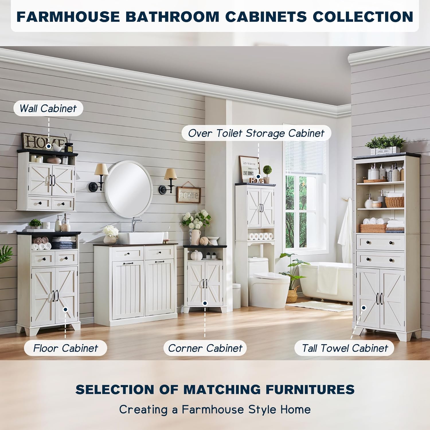 ACCOHOHO Bathroom Floor Cabinet, Farmhouse Storage Cabinet, 24" Wide Cabinet with Drawer, Adjustable Shelf, Barn Doors, Cabinets for Bathroom, Kitchen, Living Room, Off White