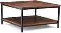 SIMPLIHOME Skyler Square Coffee Table - 34 inch Wide Solid Mango Wood and Metal Living Room Table in Dark Cognac Brown, Industrial Center Table for Family Room with Open Shelf and Black Frame