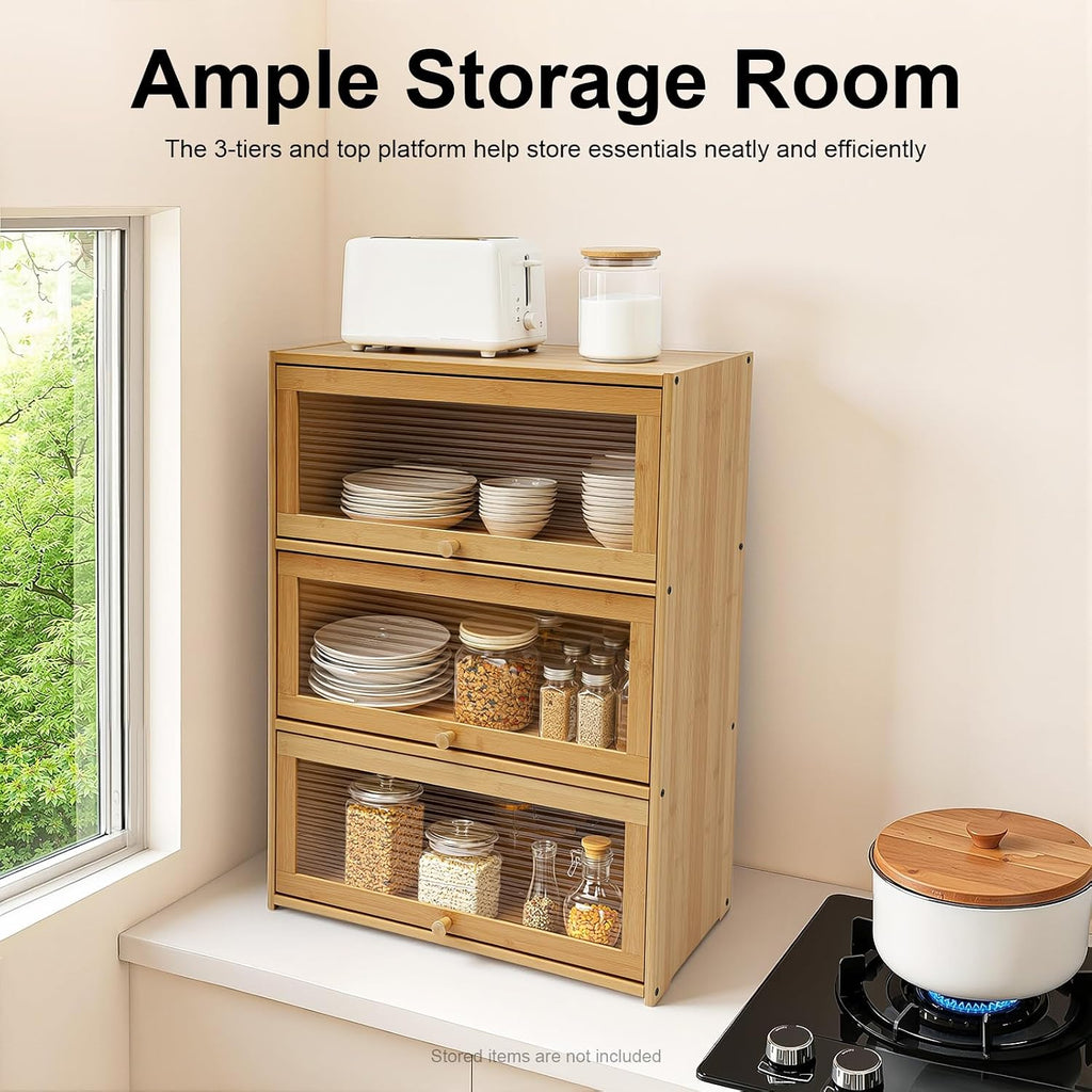 Kitchen Pantry Sideboard Small Bamboo Cabinet with 3 Clear Acrylic Doors Freestanding Countertop Storage for Dishes Bottles Spices