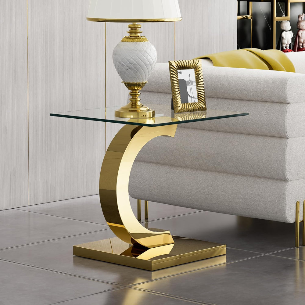 Henf Square Glass End Table Luxury Accent Sofa Side Table, Modern Glass End T...