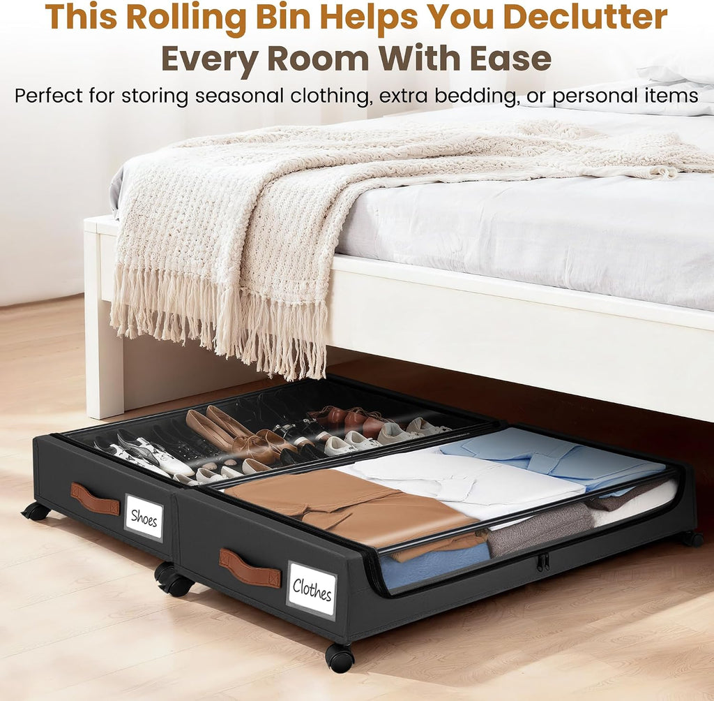 Under Bed Storage with Wheels, XXL Under Bed Drawers, Rolling Metal Drawer for Shoes, Clothes, Books, Toys, Under Bed Organizer with Clear Lids for Dorm Room, Bedroom, Kids Room, 2 Pack