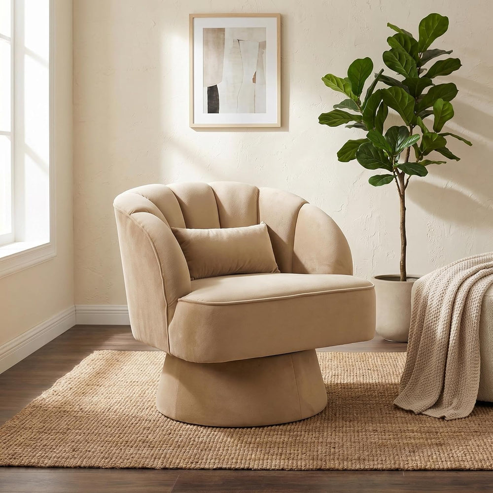 GarveeHome Modern 360° Swivel Velvet Barrel Accent Armchair – Striped Backres...