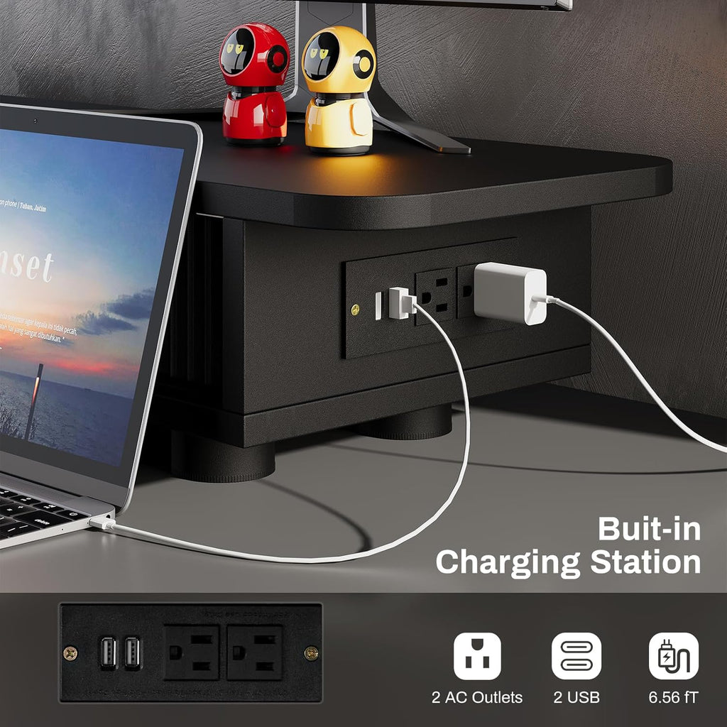 Artswish Adjustable Monitor Riser Stand with Power Outlet & Light Strip, Expand to 45 Inch, Computer Desk Shelf with Sliding Door, Desk Organization for Office, Gaming Room, with Storage, Black