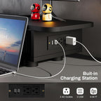 Artswish Adjustable Monitor Riser Stand with Power Outlet & Light Strip, Expand to 45 Inch, Computer Desk Shelf with Sliding Door, Desk Organization for Office, Gaming Room, with Storage, Black