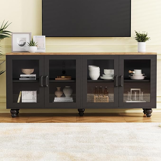 Farmhouse TV Stand with Tempered Glass Doors for TVs up to 70'', Entertainment Center with Adjustable Shelves, Buffet Cabinet with 5 Solid Wood Gourd-Shaped Legs for Living Room, Black