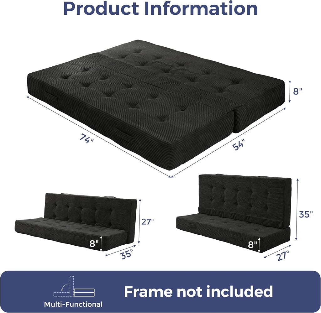 MAXYOYO 8" Thick Folding Mattress with Handles, Tufted Floor Sofa Bed (Frame Not Included), Foldable Couch Bed Versatile Floor Mattress for Sleeping, Living Room & Guest Room, Black
