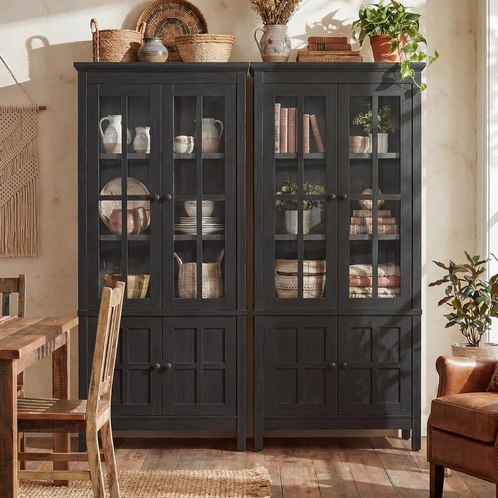 Farmhouse 63" Kitchen Pantry Storage Cabinet with Glass Doors & Hidd...