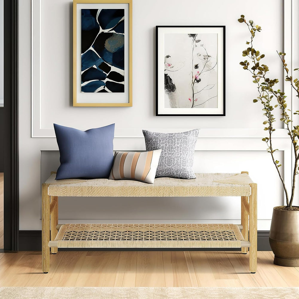 Recaceik Indoor Entryway Bench with Paper Cord Ottoman & Grid Storage Rac...