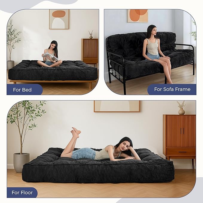 MAXYOYO 8" Futon Mattress, Queen Size Extra Thick Futons Sofa Couch Bed for Adults, Velvet Floor Mattress Shredded Foam Filling (Frame Not Included)