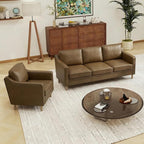 Kingfun Living Room Furniture Sets, 3 Seater Couch and Armchair, Mid Century Modern Sofa Set, Faux Leather Couch with Solid Wood Frame for Living Room & Bedroom, Olive Green
