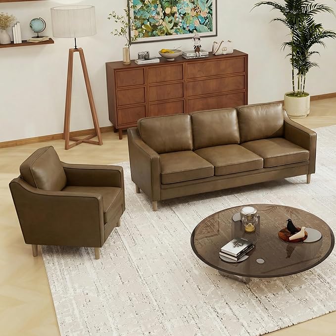 Kingfun Living Room Furniture Sets, 3 Seater Couch and Armchair, Mid Century Modern Sofa Set, Faux Leather Couch with Solid Wood Frame for Living Room & Bedroom, Olive Green