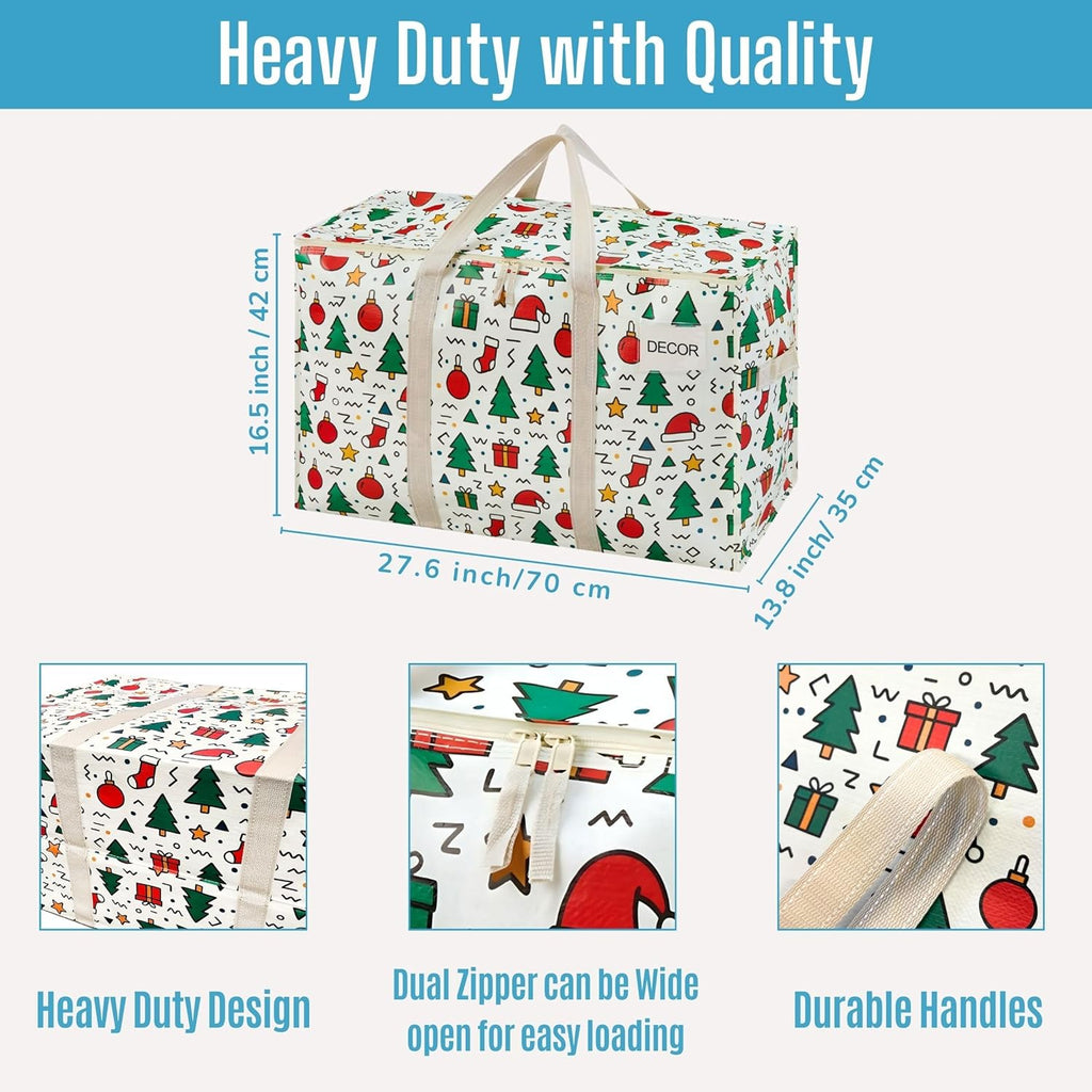 VENO 4 Pack Moving Bags and Large Christmas Storage Bins with lids. Alternative to Moving Boxes, Packing Supplies for College. Extra Large Heavy Duty Totes for Packaging (Jingle Mix, 4 Pack)