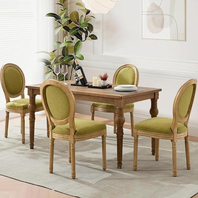Linen Upholstered Dining Chairs Set of 2 French Country Oval Fabric Back Kitchen Side Chair with Wood Legs for Dining Room, Kitchen, Restaurant(Olive Green-Fabric)