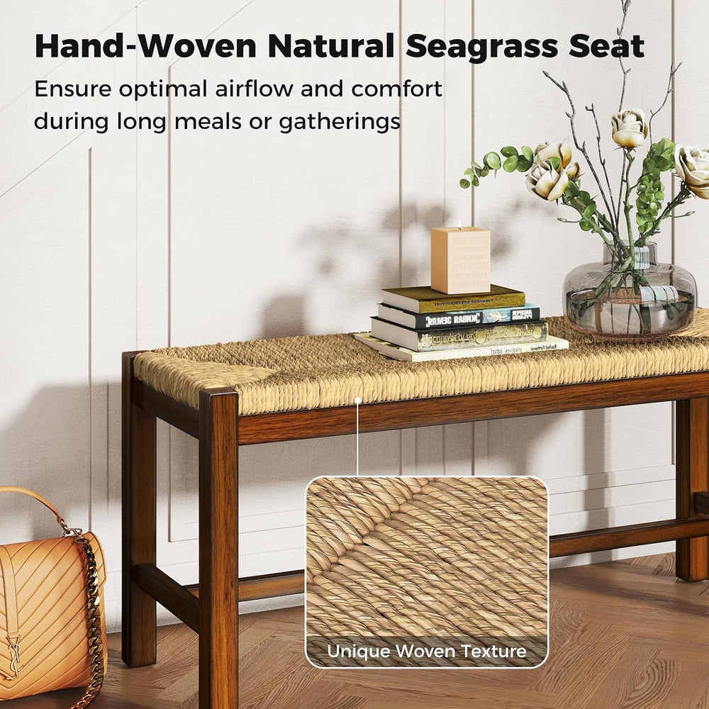 GOFLAME 40” Dining Bench, Farmhouse Boho Entryway Bench with Woven Seagrass S...