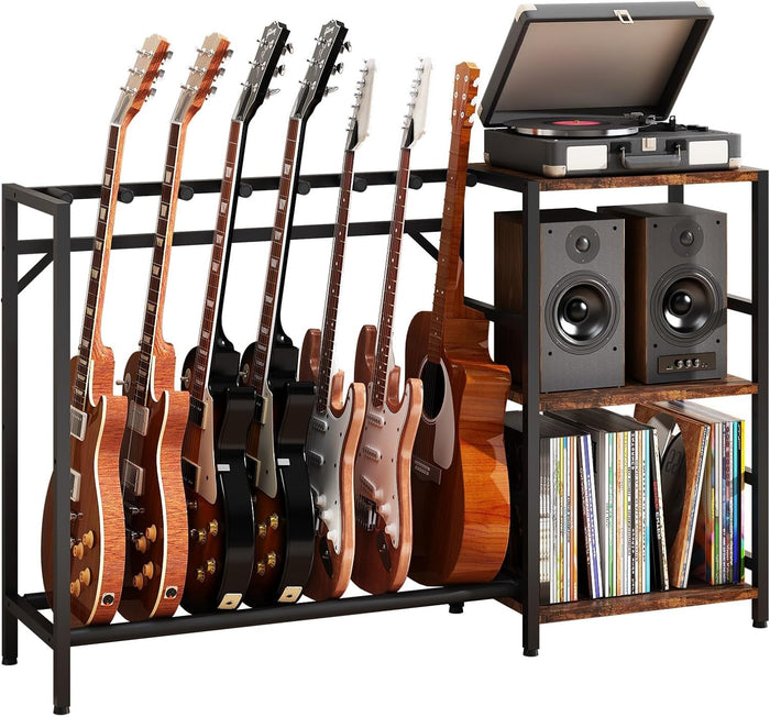Guitar Stand with Record Player Stand, Guitar Rack with Record Player Table, Guitar Holder 7 Space for Multiple Guitars, Bass, Acoustic, Guitar Display for Home Music Studio, Brown
