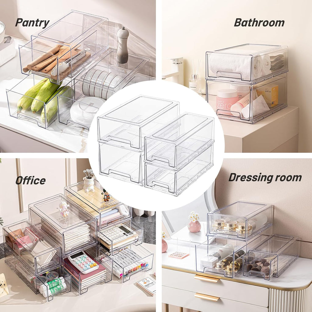 6 Pack Stackable Pull-Out Storage Drawers，Plastic Clear Organizer Bins with Handles，Easily Clean for Craft, and Toy Organization，Kitchen Undersink，Cabinet，Fridge，Closet，Pantry，Office，Bathroom