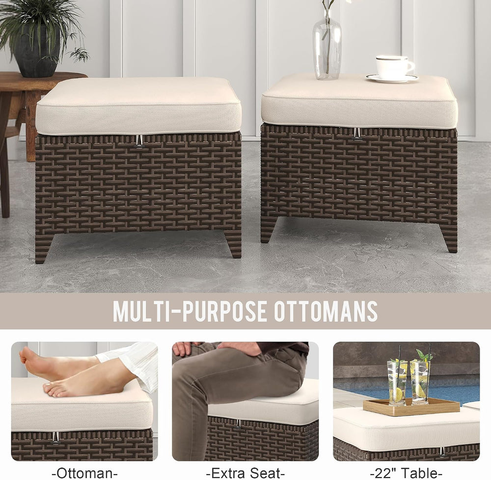 Patio Ottomans 2 Pieces, Outdoor 22" x 22" PE Wicker Ottoman with R...