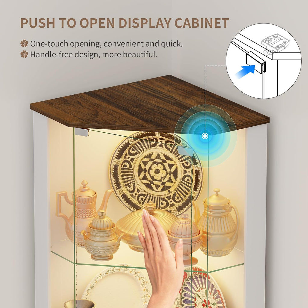 69" Corner Glass Display Cabinet with RGB Lights for Living Room, White | Curio Display with 3-Tier Movable Glass Shelves and Human Body Sensor,Display Cabinet for Toys,Books,Collectibles,Liquor