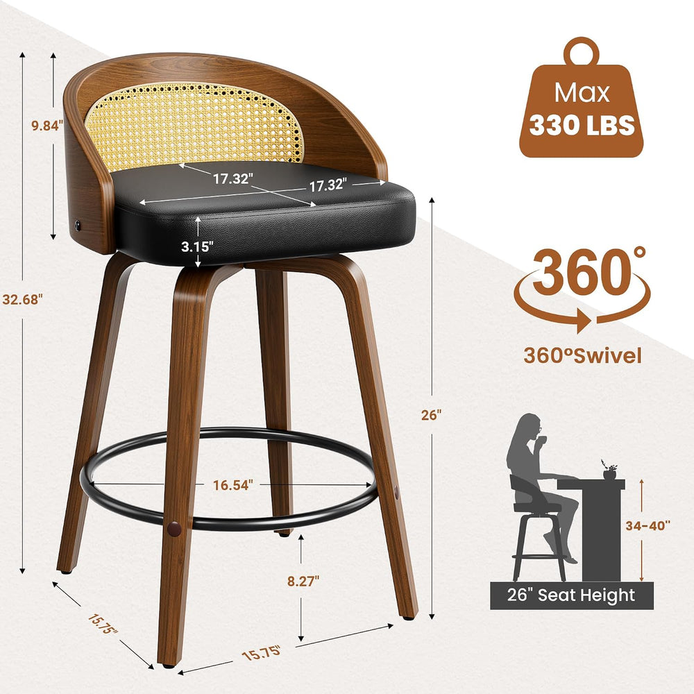 YaFiti Bar Stools Set of 2, 26" Counter Height Stools with Rattan Back