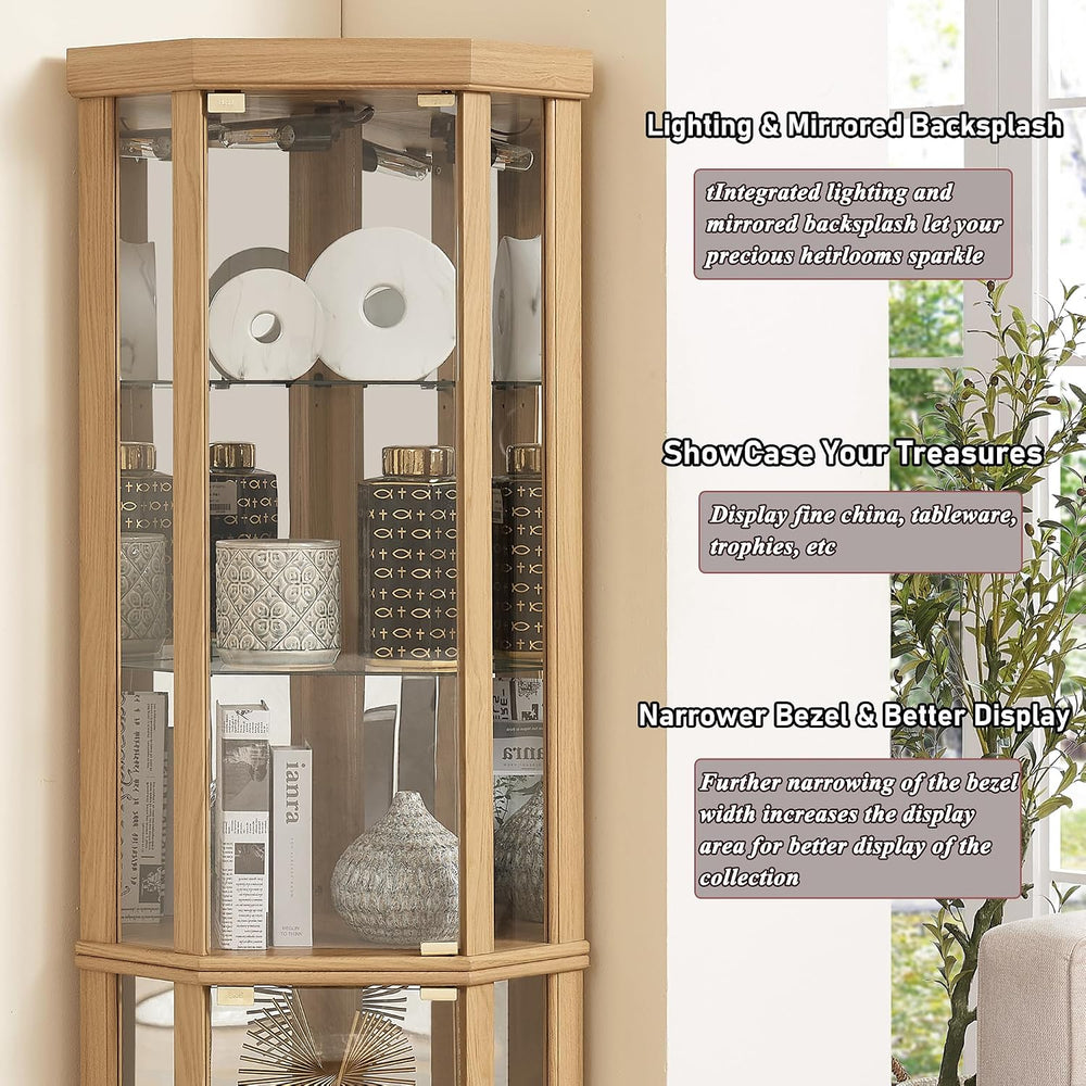 69" H Corner Curio Cabinet with Light, Corner Glass Display Showcase wit...